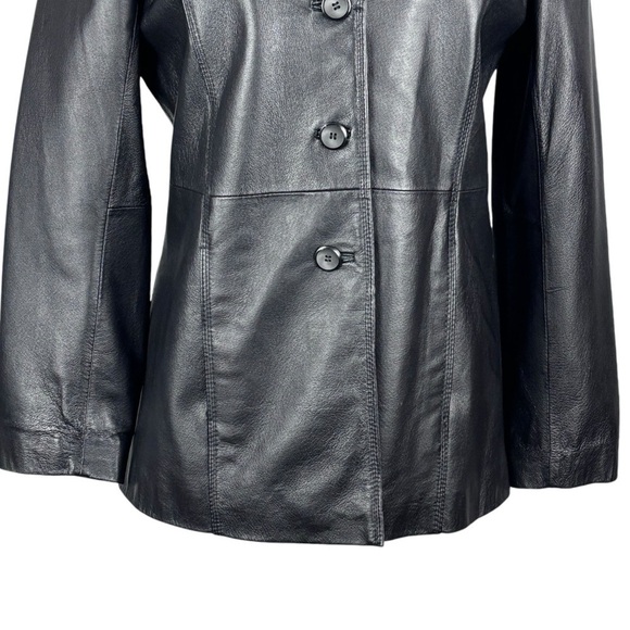 VINTAGE 90S NEW YORK & CO BLACK LEATHER NOTCHED COLLAR BUTTON DOWN BLAZER JACKET - Picture 10 of 13